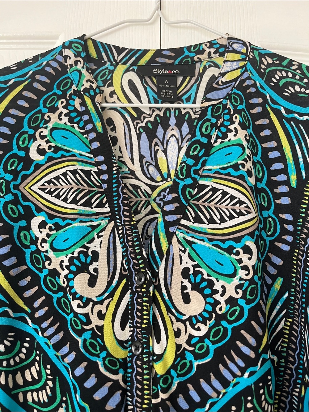 Style & Co. Teal Blue Black Printed V-Neck Tunic - Picture 3 of 5